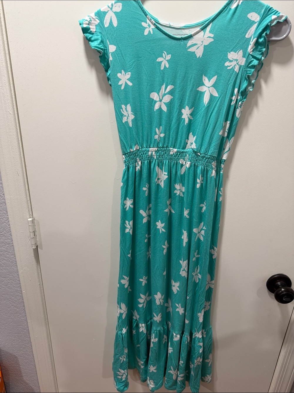 Girls' Teal Floral Jersey Maxi Dress with Ruffle Sleeves